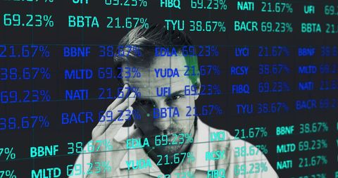 stressed professional behind stock market data overlay - Download Free Stock Images Pikwizard.com