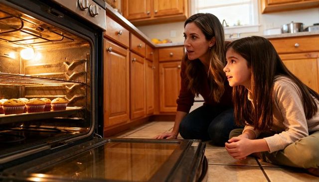 Mother and daughter watching cupcakes baking in oven, cozy home baking moment
