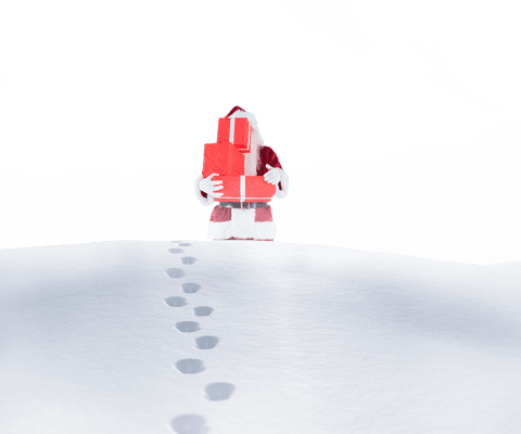Transparent Santa Claus Carrying Gifts Across Snowy Landscape