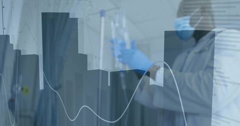 Scientist examining lab flask with data charts overlay