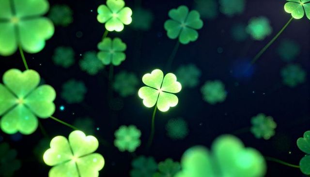 Glowing Four-Leaf Clover Floating in Dark Bokeh with Neon Green Glow