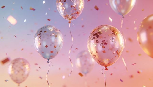 Rose gold confetti balloons floating with curling ribbon on pastel bokeh background