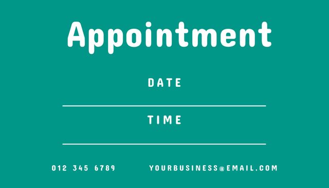 Modern appointment card template with a teal background and prominent contact details. Easy to edit for professional use in scheduling and business appointments. Ideal for small businesses, freelancers, or event planners.