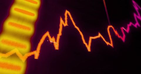 Glowing neon waveform crossing dark monitor with scanning yellow band and numeric label
