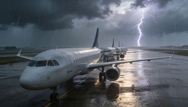 Commercial jets lining rain-soaked ramp with lightning strike halting airport operations