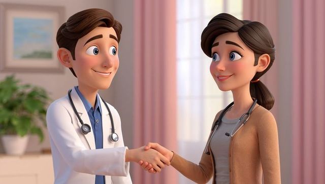 Animated Doctors Collaborating in Welcoming Clinic Office