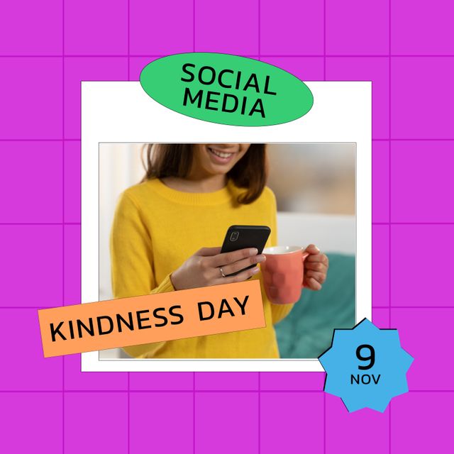 Image showcases a Caucasian woman using her smartphone while holding a coffee mug, promoting Social Media Kindness Day on November 9. Ideal for social media posts, online campaigns, blog articles about spreading kindness online, and digital event promotions.