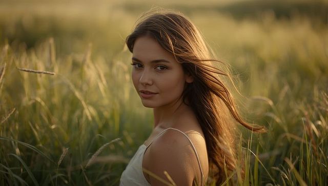 Serene Woman in Meadow at Golden Hour with Gentle Breeze
