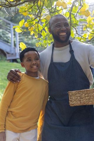 African american father and son harvesting lemons in backyard, smiling and bonding