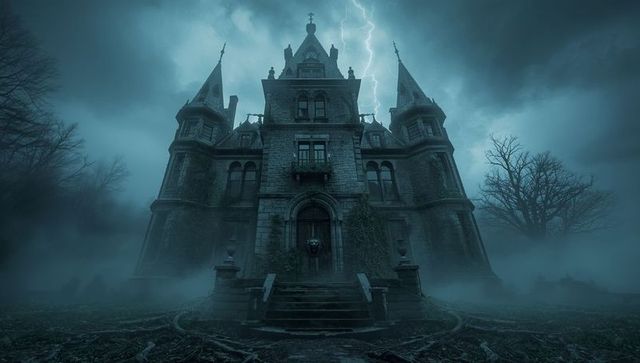 Eerie Gothic Manor in Misty Graveyard Illumined by Lightning