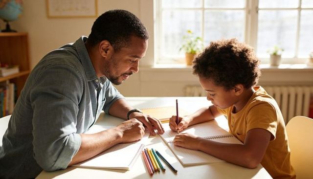 Black Father Helping Son with Homework at Sunlit Table, Tutoring, Learning and Family Bonding