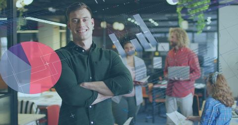 Entrepreneur Overseeing Digital Data with Team in Modern Office