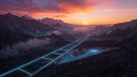 Glowing cyan pathways converging through mountain valley at sunset forming neon hub