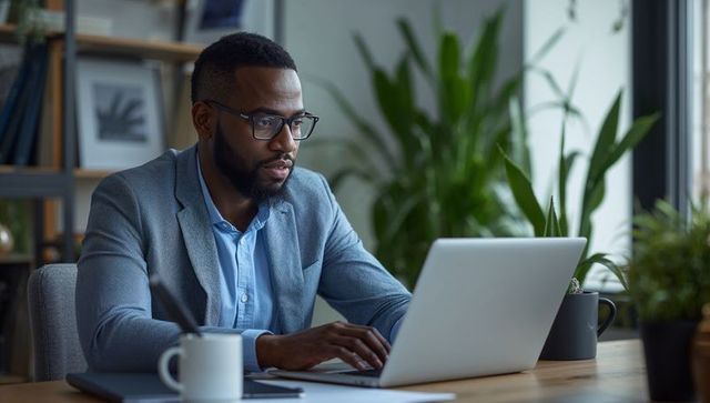 Focused professional man typing on laptop in modern green office workspace with coffee