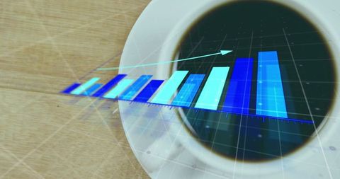 Coffee cup projecting augmented reality bar chart showing business growth and analytics