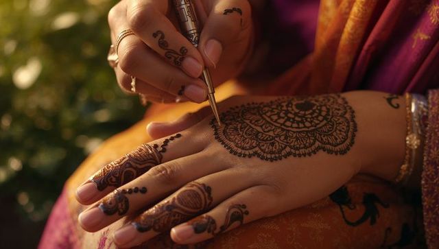Skillful henna artistry on hand in sunlit courtyard