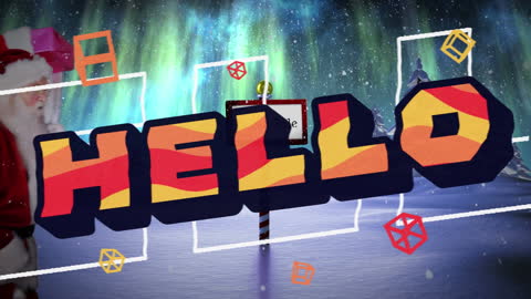 Festive Animation with Santa Claus and Vibrant 'Hello' Text