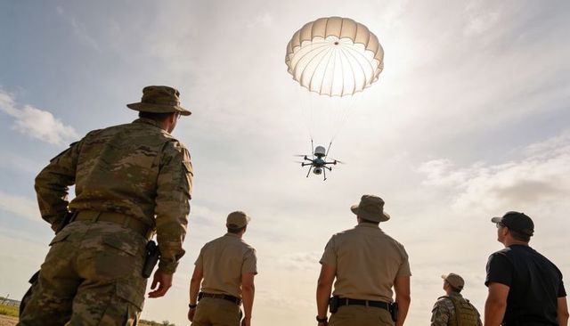 Military team observing parachute-deployed drone descending during tactical training
