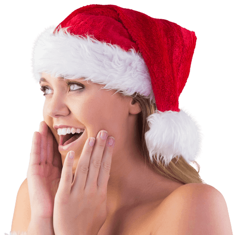Joyful Woman Wearing Christmas Santa Hat on Transparent Background