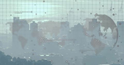 Dotted world map and globe overlaying hazy city skyline conveying global data connectivity