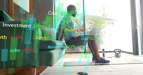 Man performing triceps dips using green sofa with kettlebell and augmented finance overlays
