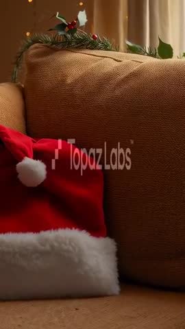 Vertical video showing Santa hat on couch with garland and warm lights for cozy holiday