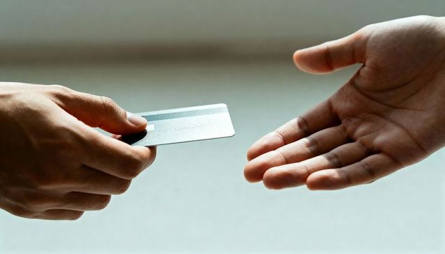 Hand passing contactless payment card with visible chip for secure cashless transaction