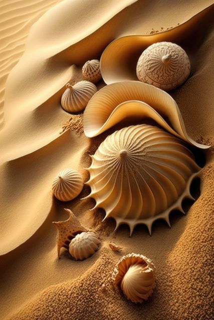 Seashells are artistically arranged on sandy desert dunes, showcasing an intriguing combination of nature's creations. The patterns and textures of the shells contrast beautifully with the smooth sand, creating a mesmerizing visual effect. This can be used for themes involving nature, art, surreal compositions, and creative designs, perfect for educational materials, artistic projects, and nature-related content.