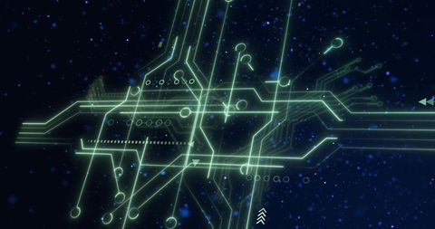 Glowing Neon-Green Circuit Network Floating Over Deep Navy Starfield with Futuristic Tech Grid