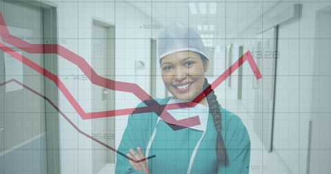 Smiling surgeon with statistical graph overlay in hospital corridor