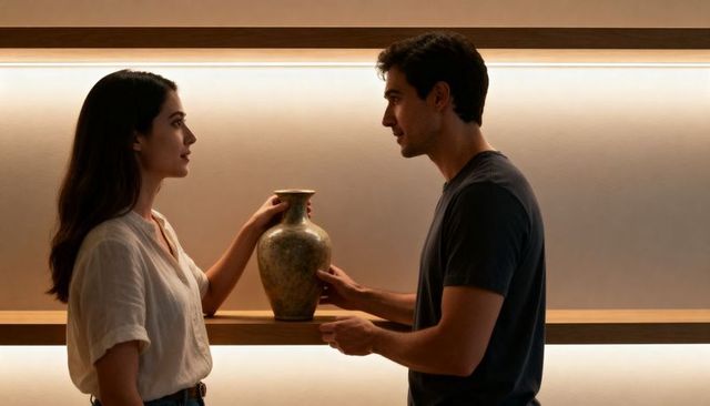 Couple handling ceramic vase on backlit shelf, minimalist modern home styling