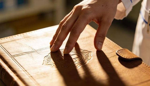 Hand resting on tan leather journal embossed with decorative emblem in warm light