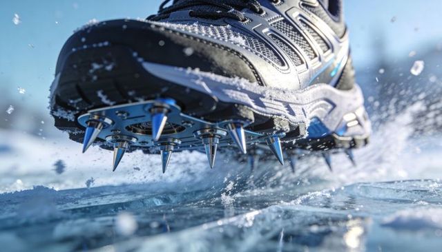 Spiked trail shoe gripping ice, metal crampons throwing snow chips for winter traction