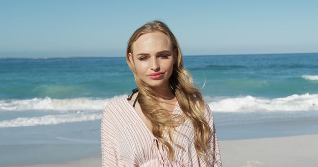 Smiling Blonde Woman at Sunny Beachfront - Download Free Stock Images Pikwizard.com