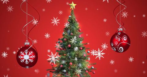 Festive Christmas Tree with Snowflakes on Vibrant Red Background - Download Free Stock Images Pikwizard.com
