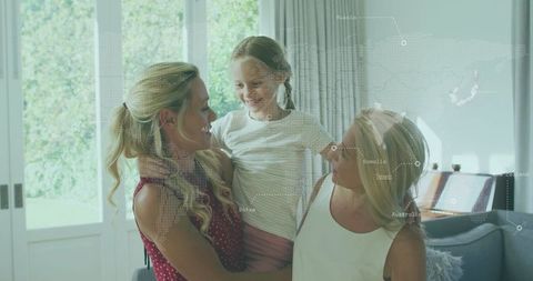 Multigenerational family sharing moment with daughter in sunlit living room, dotted world map overla