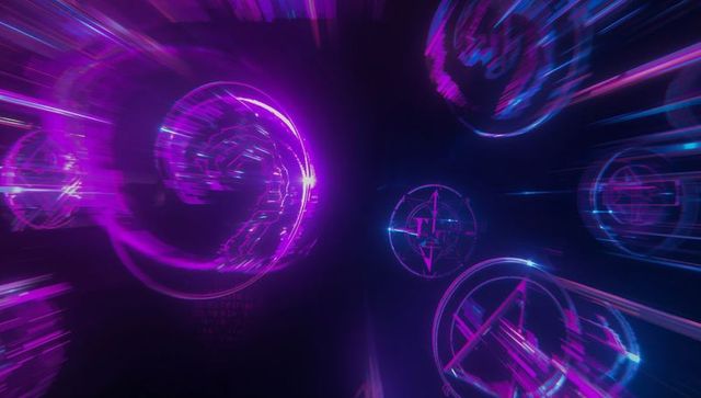 Futuristic glowing holographic panels in data tunnel