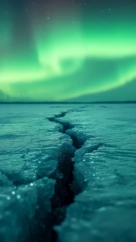 Vertical video: aurora borealis sweeping over frozen sea, lighting deep ice fissure