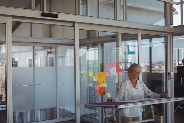 Businesswoman working at a standing desk in a modern office with glass doors and sticky notes on the wall. Ideal for use in articles or advertisements related to professional work environments, productivity, modern office design, and corporate culture.