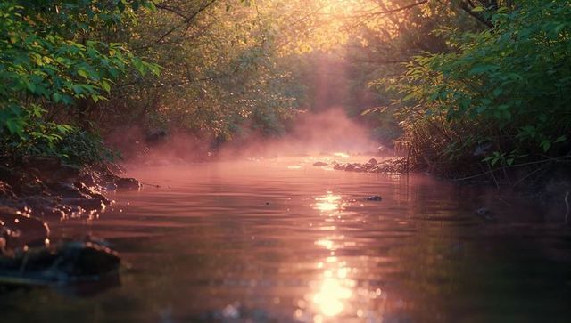 Serene Forest Stream with Golden Sunlight and Mist