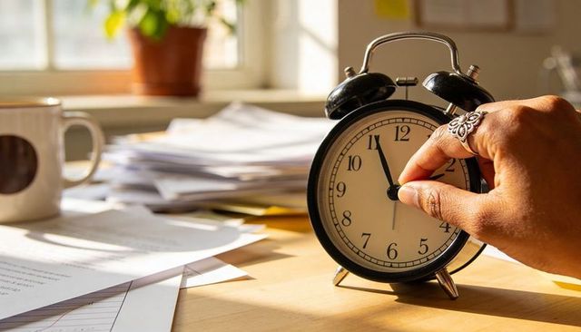 Adjusting morning alarm clock on sunlit work desk, papers scattered, coffee mug, hand with ring