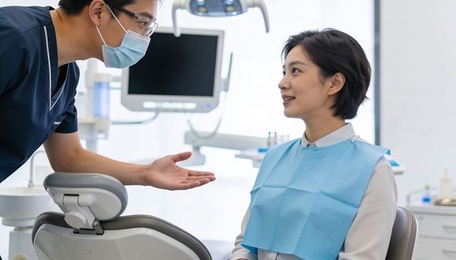 Dentist explaining dental treatment to smiling patient in modern dental clinic