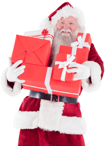 Cheerful Santa Claus Holding Christmas Gifts on Transparent Background