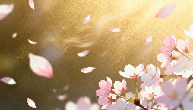 Sunlit Cherry Blossom Petals Drifting in Golden Spring Breeze with Bokeh and Copy Space