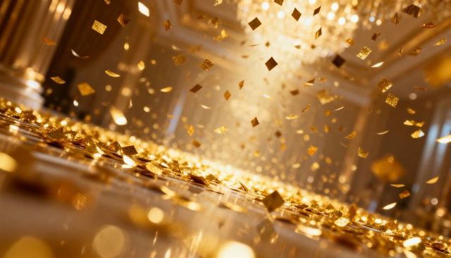 Gold confetti shower falling over polished ballroom floor under crystal chandelier glow