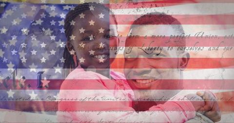 African american soldier with daughter and us flag overlay
