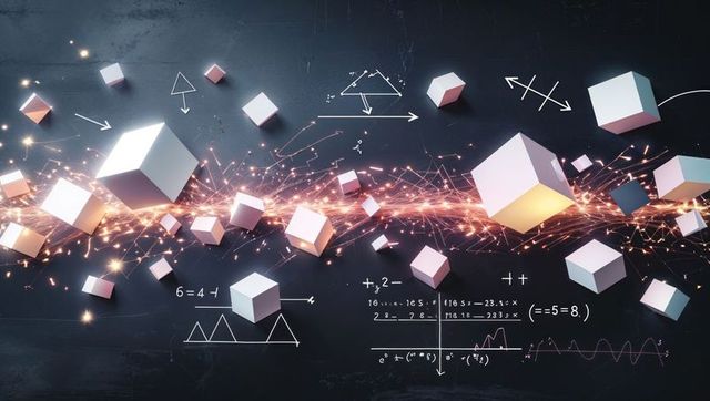 Futuristic floating cubes with glowing sparks and math symbols