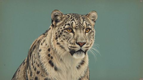 Snow leopard staring with majestic spotted coat and amber eyes