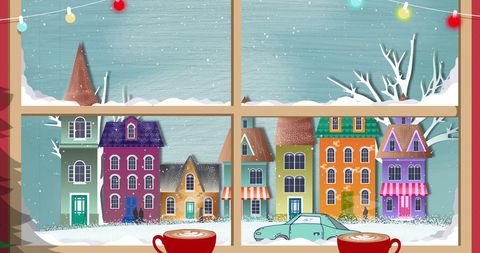 Cozy winter scene with colorful snowy village