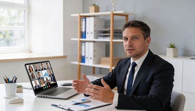 Businessman gesturing during virtual conference on laptop presenting analytics report